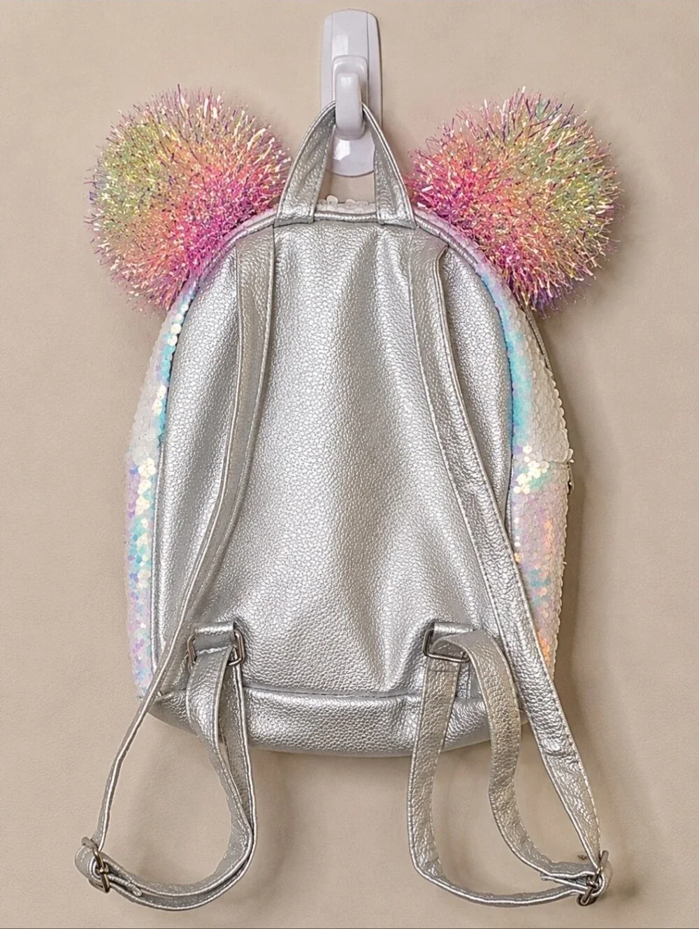 Justice Silver Flip Sequin Mini Backpack T Initial Pompom Metallic Glitter Bag